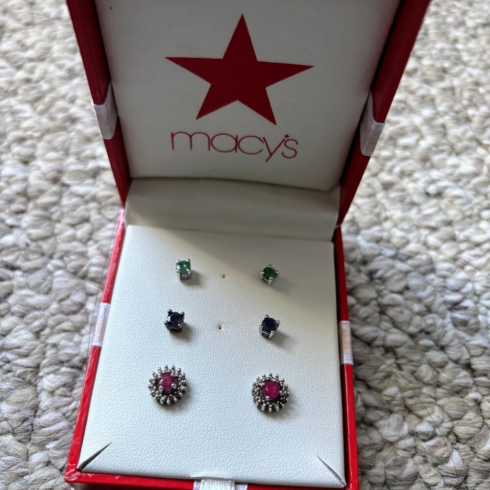 Macy's Sterling Silver Sapphire-Ruby-Emerald w/ Diamond Jacket 3-Pr Earrings Set
